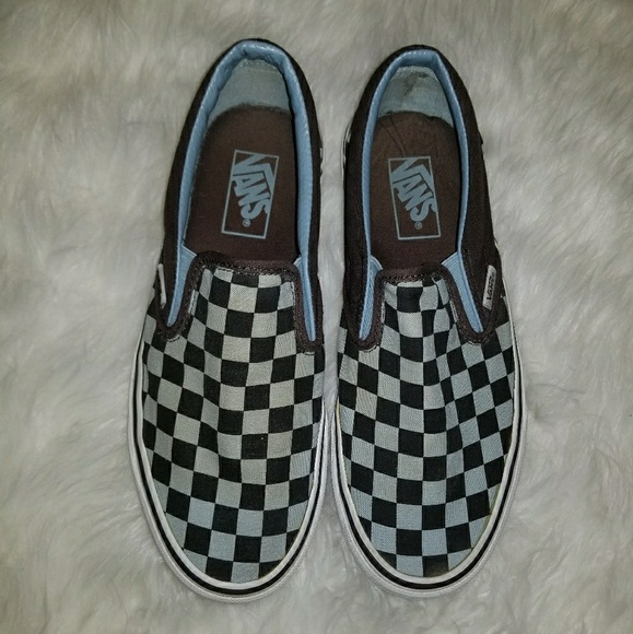 blue and black vans slip ons